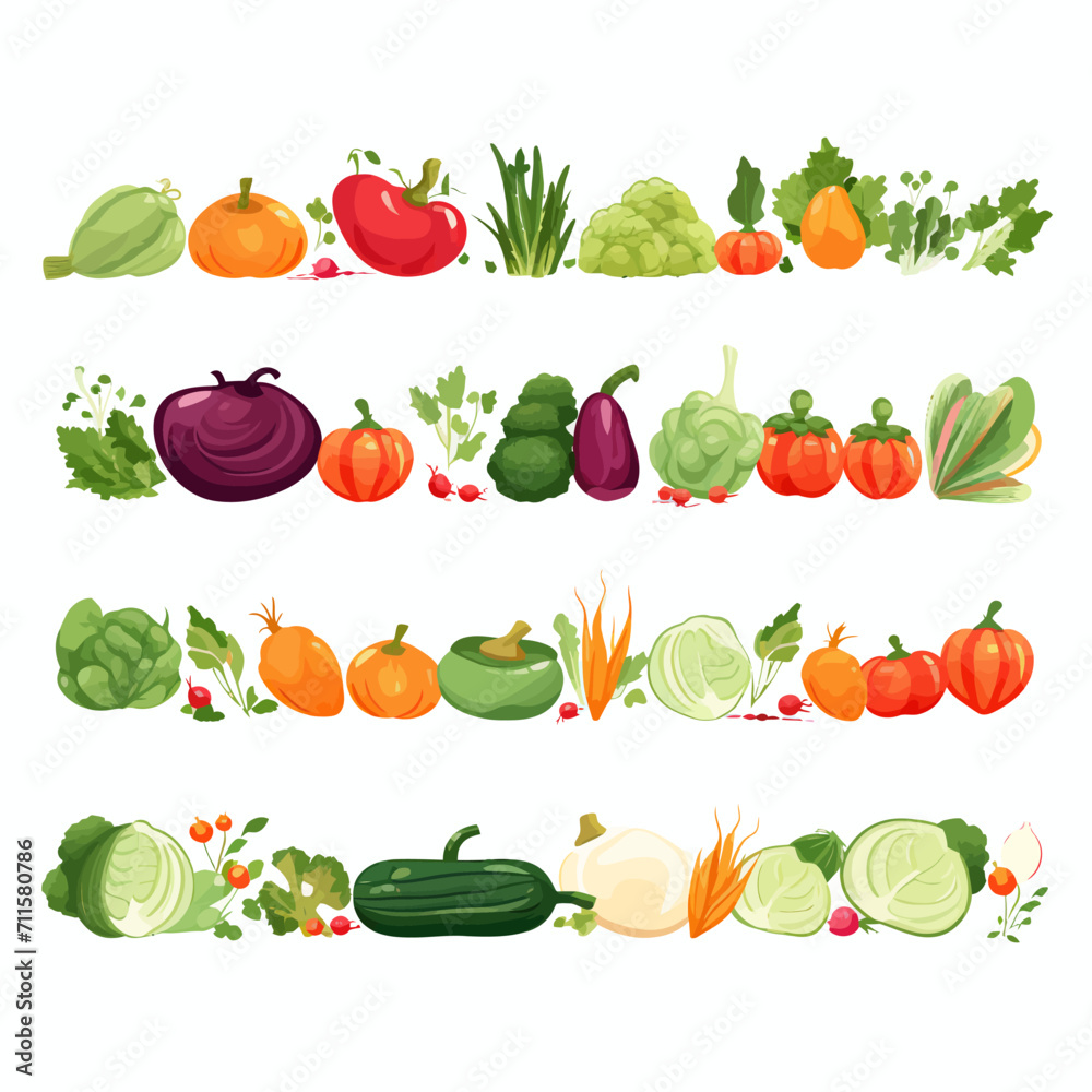 Fototapeta premium Horizontal banner made of simple vegetables, flat vector style, on white background Generative Ai