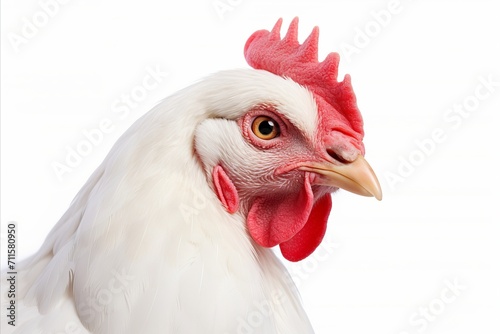 Regal chicken portrait isolated on white background, standing confidently with ruffled feathers