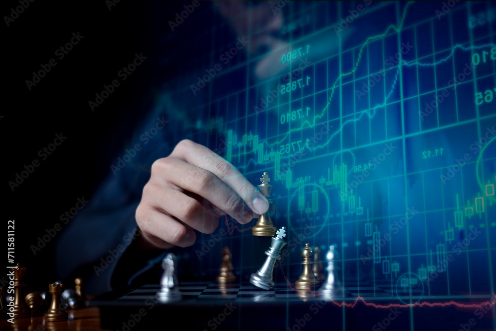 Φωτογραφία Double exposure chess game on strategy competitive market ,chess board behind business present financial investment and marketing strategy analysis is target in global economy concept