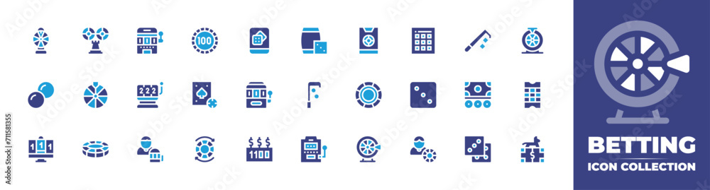 Betting icon collection. Duotone color. Vector and transparent illustration. Containing betting, online betting, roulette, gambling, chip, fortune wheel, slot machine, bingo, slot, dice, online.