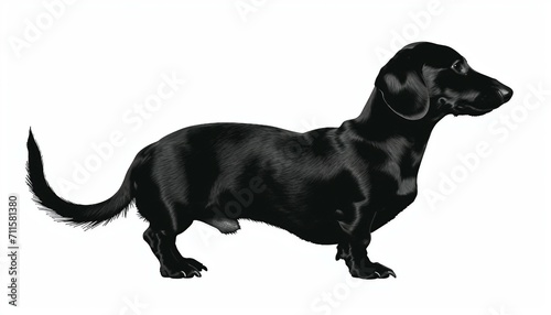 Feature the distinctive silhouette of a Dachshund, emphasizing its unique shape and charm against a simple white backdrop, © mh.desing