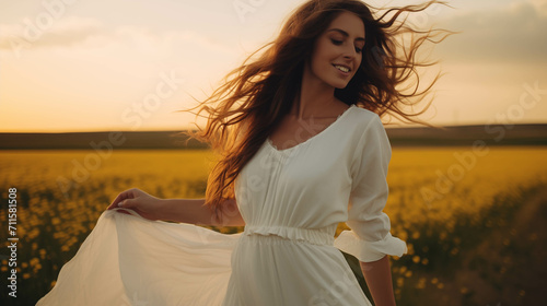 Caucasian woman in white dress in yellow field at sunset.