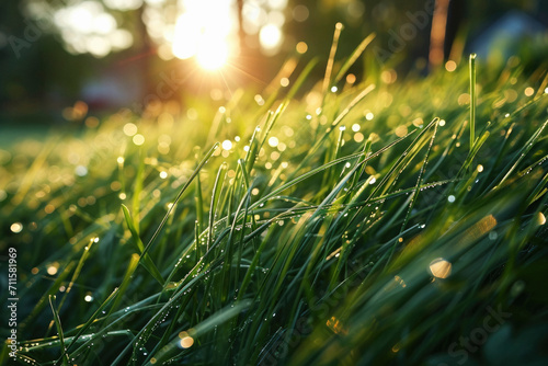 Juicy lush green grass on meadow with drops of water dew sparkle in morning light, spring summer outdoors close-up, copy space, wide format.