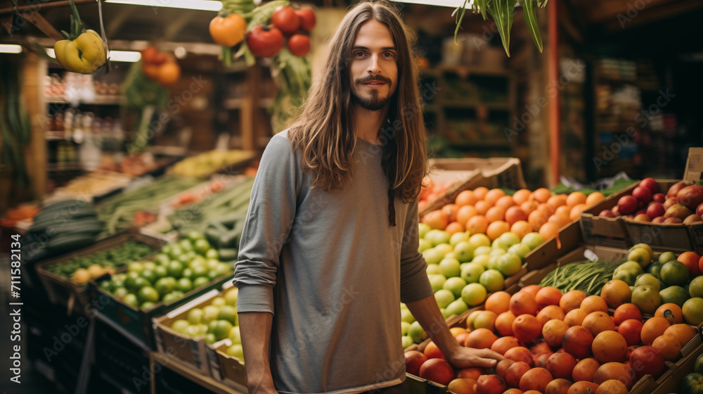 A young Caucasian merchant with long hair is smiling confidently at a fruit shop. A young Caucasian merchant with long hair is smiling confidently at a fruit shop.
