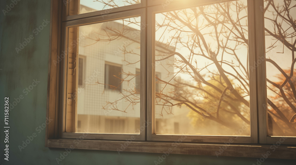 Fototapeta premium Windows and walls with soft sunlight shining through.