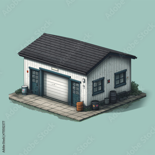 Isometric illustration of garage decoration design.