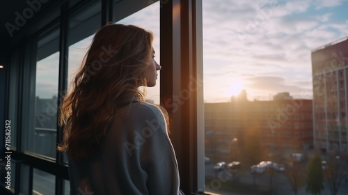 Caucasian woman looking at the scenery outside the window.