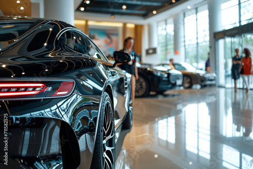 Closeup new black car parked in luxury showroom. Car dealership office. New car parked in modern showroom. Car for sale and rent business. Automobile leasing and insurance background.