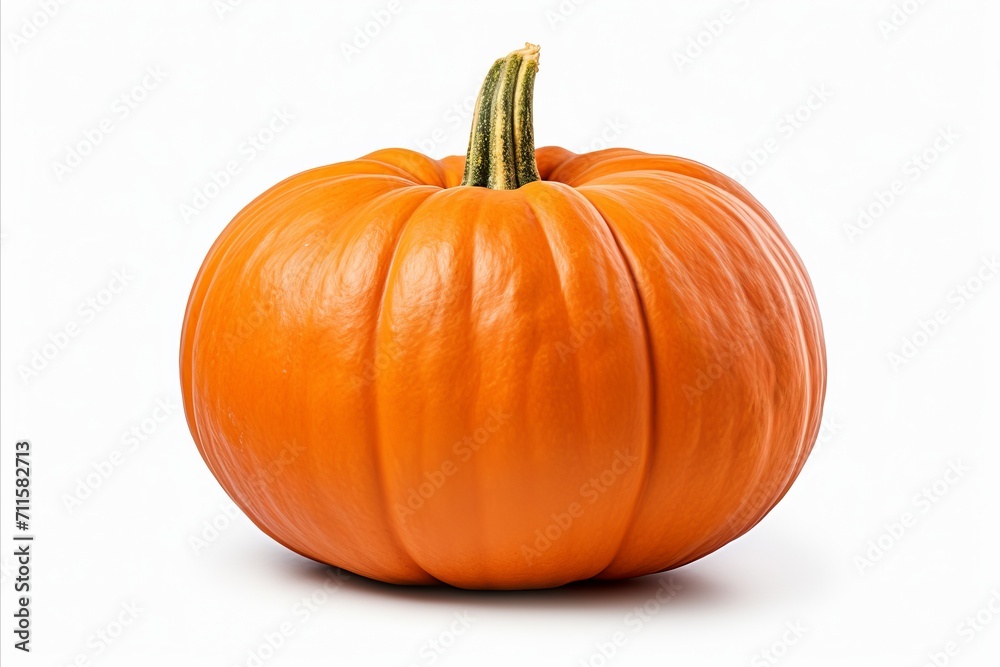 Bright and vibrant single orange pumpkin with a long stem, isolated on a clean white background Bright and vibrant single orange pumpkin with a long stem, isolated on a clean white background