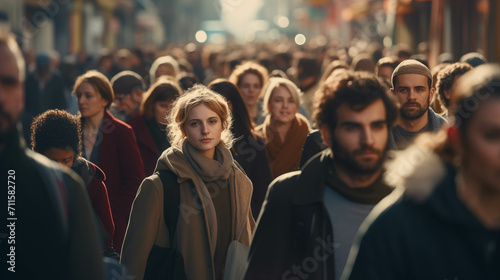 Crowd of Caucasian people walking in a busy city.