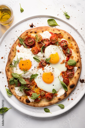 Breakfast Pizza with cherry tomatoes, eggs and basil on the white table flat lay