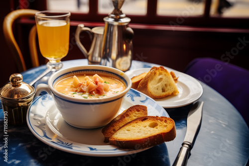 French onion soup with croutons served on the cafe table