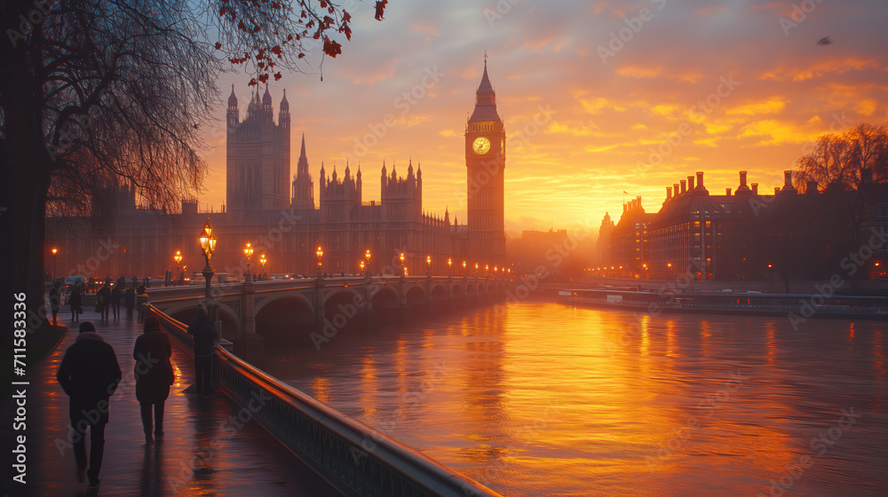 Fototapeta premium Sunset Silhouette of Big Ben and Westminster Bridge