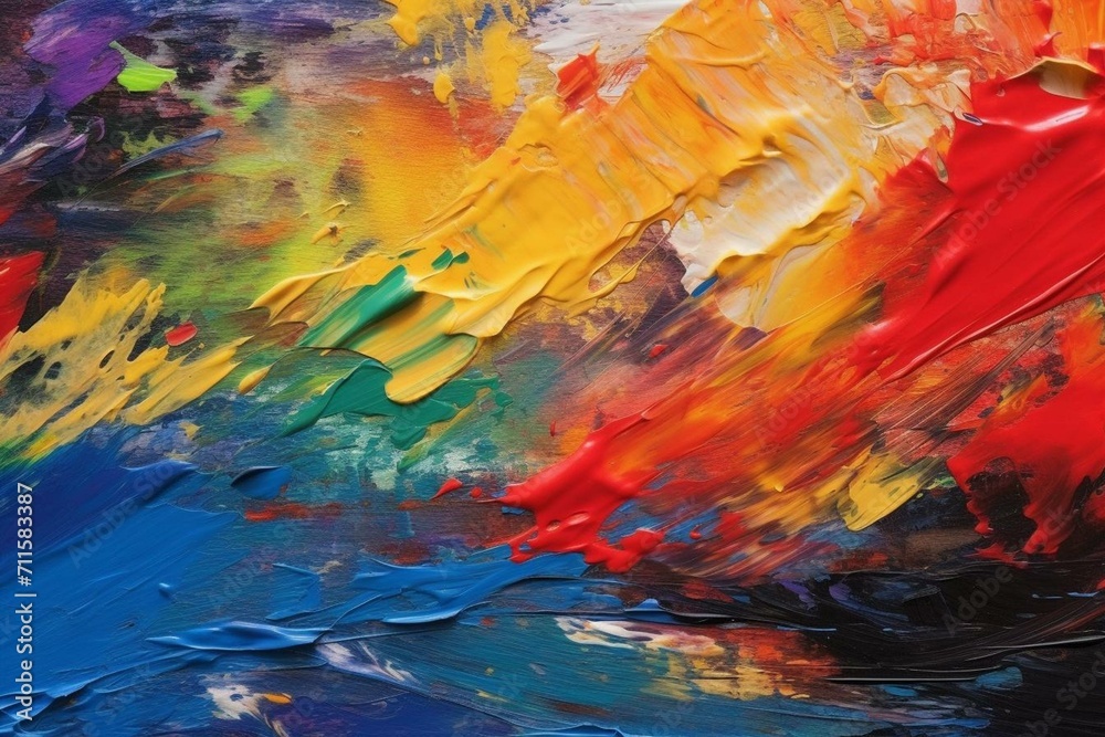 Closeup of vibrant brushstrokes on textured canvas. Generative AI