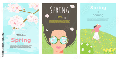 Set of spring flyers with beautiful flowers. A girl runs through a flower field, sakura blossoms, a woman with glasses lies on the grass and looks at the flowers. Vector illustration
