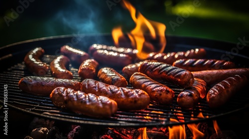 Barbecue grill with sizzling sausage and spicy merguez   summer party and traditional american food photo