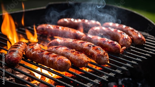 Sizzling sausage merguez on a barbecue grill   delicious grilled meat for a summer party