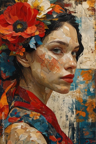 Portrait a woman in vintage abstract style. Old cracked Oil on canvas texture
