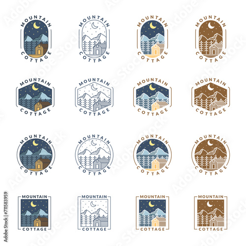 Mountain night and cottage badge vector illustration with monoline or line art style