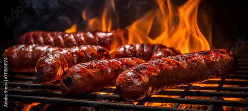 Sizzling grill with sausage, merguez, chicken, pork, lamb, and spicy meats for a summer party