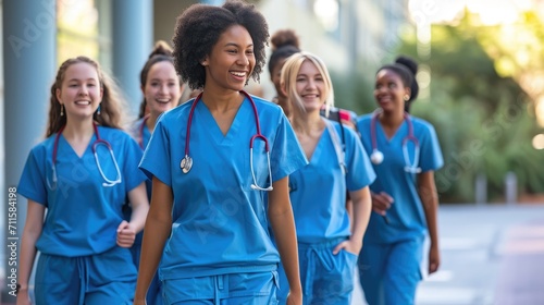 Diverse team of medical students young women in scrubs walk together on a university hospital campus. photo