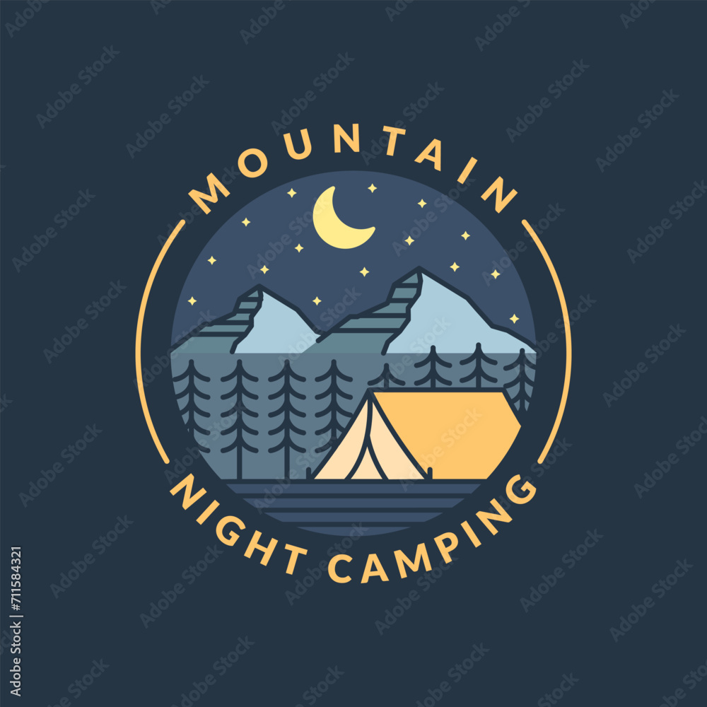 mountain night camping illustration monoline or line art style