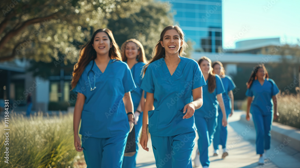 Diverse team of medical students young women in scrubs walk together on a university hospital campus. - obrazy, fototapety, plakaty 