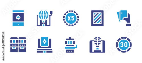 Betting icon set. Duotone color. Vector illustration. Containing coin, bingo, casino chip, casino, slot machine, spade, playing cards, playing card. © Huticon