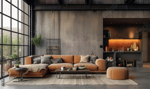 Industrial style interior with gray sofa and gray armchair on dark cement wall.