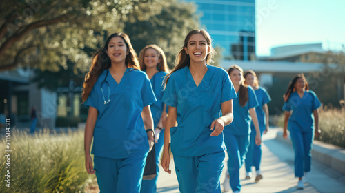 Diverse team of medical students young women in scrubs walk together on a university hospital campus.