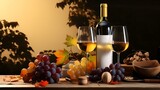 Still life with red wine, grapes and nuts , Juicy blue grapes and bottles of red wine