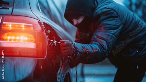 Man dressed in black holding screwdriver to break lock and steal a vehicle on the road, Social destruction, Insurance, Car thief concept. photo