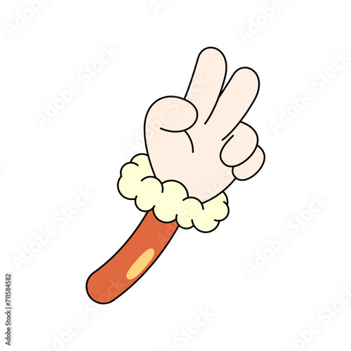 Funny pop art icon of hand with V sign. Vector image for happy new year or merry Xmas greeting card. Clipart or badge for victory or peace in retro 80s style. Winter or wintertime holidays or festive