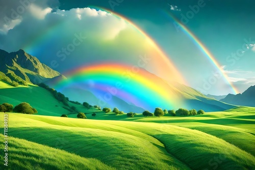 Beautiful Rainbow Sky with Green Meadow Mountain Nature Landscape Illustration cartoon