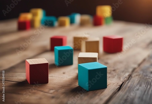 Colorful wooden blocks placed in intervals on a rustic wooden table with large copy space and Japane