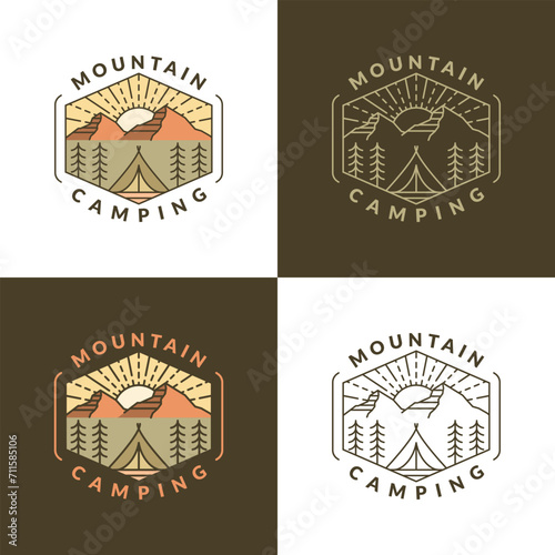 mountain morning camping illustration monoline or line art style