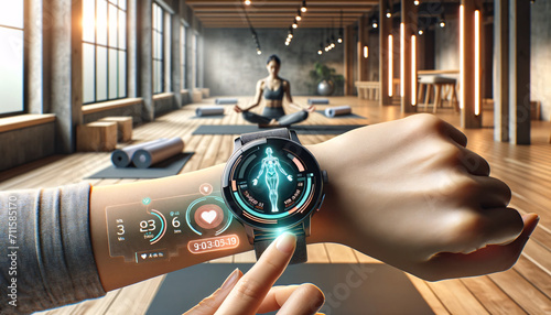 oga enthusiast in modern gym uses advanced smartwatch for holographic health analysis, focusing on fitness metrics. AI Generated photo