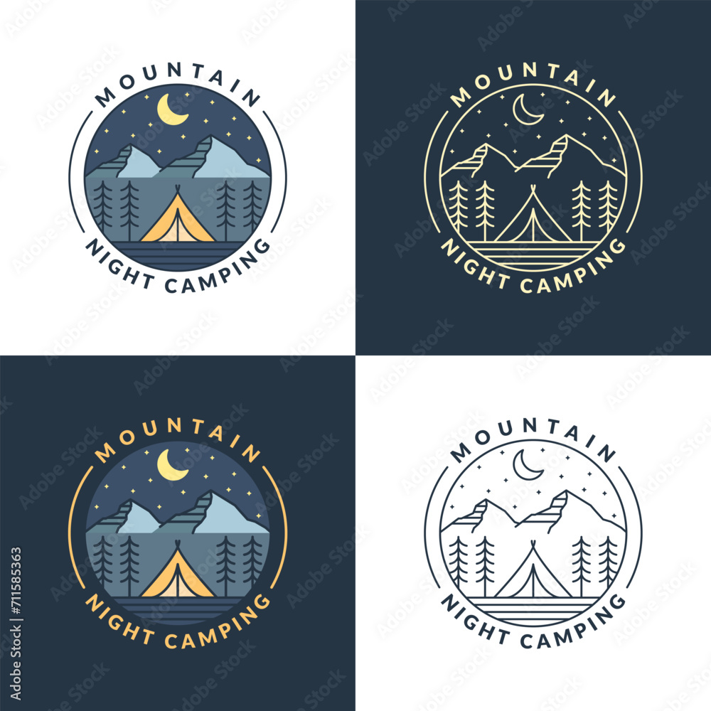 Naklejka premium mountain night camping illustration monoline or line art style