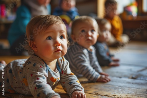 A group of babies is seen playing on the floor of their daycare classroom. They were each dressed casually. and play with various