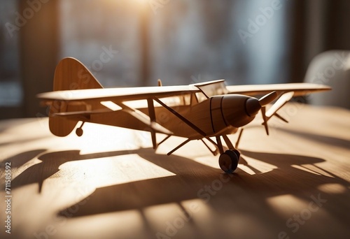 Making model airplane from wood Wooden air plane handcrafted with balsa wood on work table by the wi