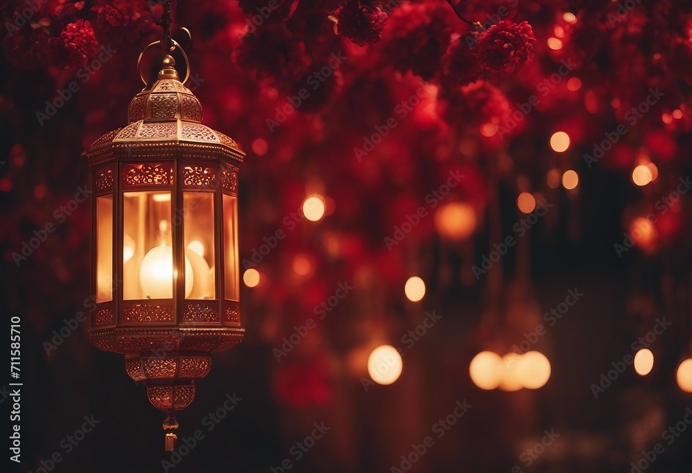 Opulent Red Ambiance with Golden Lanterns and Crescent Moon