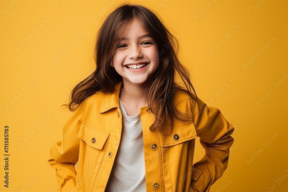 Portrait of a smiling little girl in yellow raincoat over yellow background Portrait of a smiling little girl in yellow raincoat over yellow background