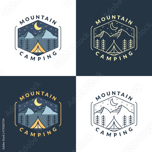 mountain night camping illustration monoline or line art style