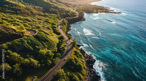 Aerial view of highway along the coastline, Hawaii wide angle lens daylight