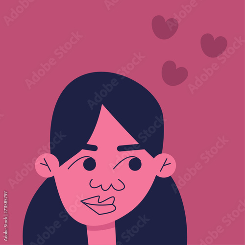 Valentine's Day. Girl with loving feelings. Cute woman looks at the hearts. Flat vector illustration.