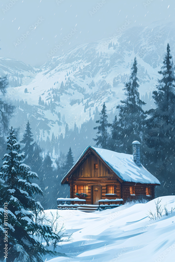 house in the woods in the mountains, amidst a snowstorm, surrounded by a serene wintry landscape with snow-covered trees