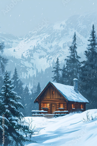 house in the woods in the mountains, amidst a snowstorm, surrounded by a serene wintry landscape with snow-covered trees © Grumpy