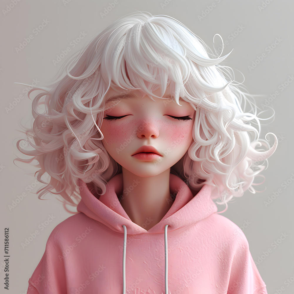 3D Portrait of a girl character with white hair in a pink hoodie 3D Portrait of a girl character with white hair in a pink hoodie