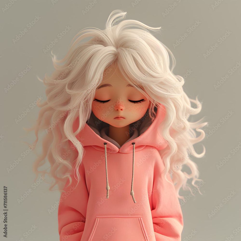 3D Portrait of a girl character with white hair in a pink hoodie 3D Portrait of a girl character with white hair in a pink hoodie