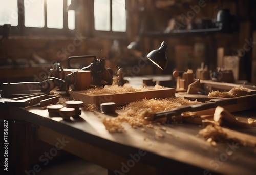 Wood working desk near the window with incandescent lighting Wood working tools and wood shavings photo